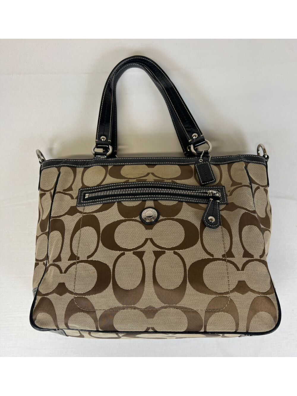 Coach Signature Khaki Brown Canvas Tote Bag F14941 Patent Leather Trim Y2K